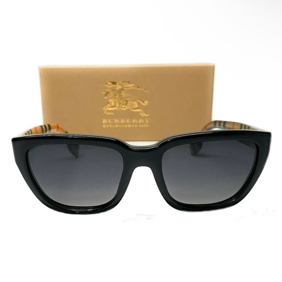$319 Burberry Checked Arms Sunglasses Gray Polarized Lens Black Front Front NIB main image 5